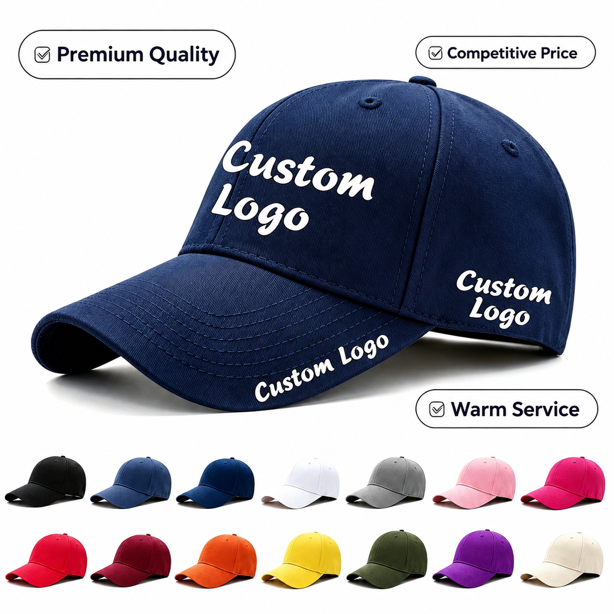 High Quality Wholesale Custom 100% Cotton 6 Panel Fitted Baseball Cap OEM 3D Logo Embroidery Golf Low MOQ Unisex Outdoor Sports