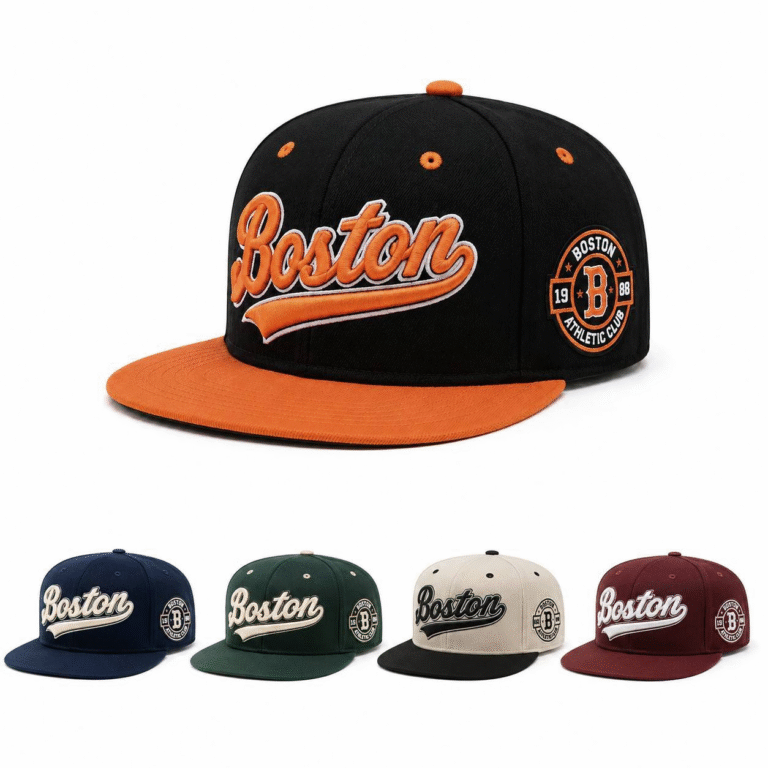High Quality Wholesale Custom 100% Cotton Color Block Boston Embroidery UV Protection Flat Brim Snapback Cap Hip Hop Streetwear